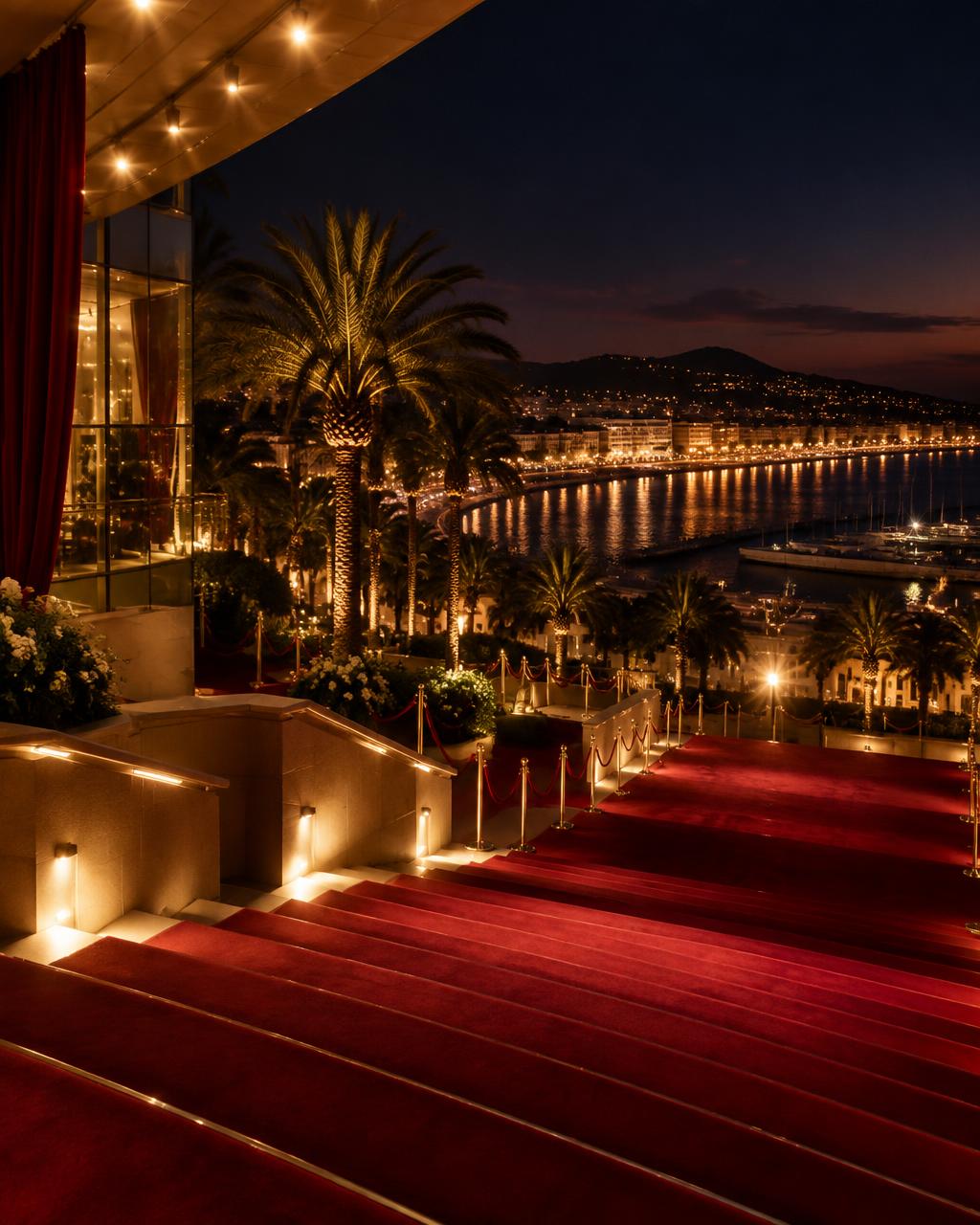 Red carpet steps above the Cannes seafront at night