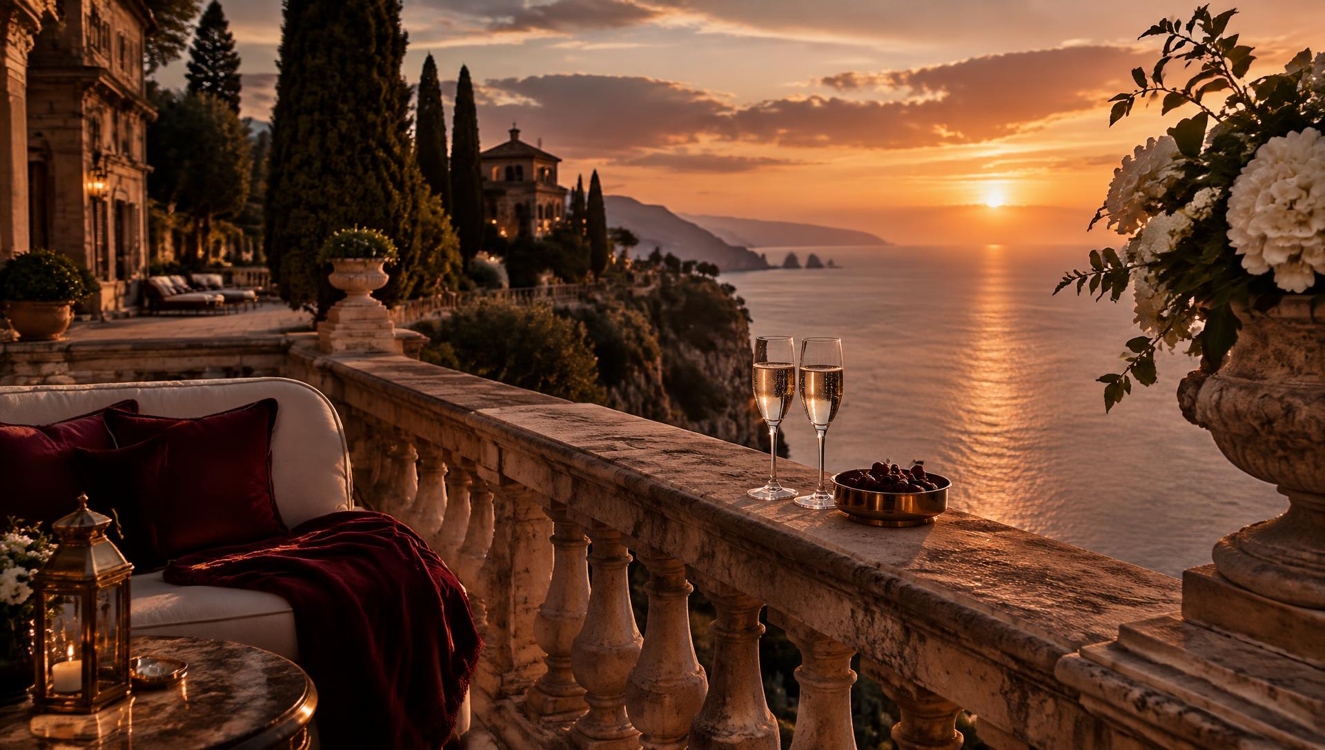 Champagne on the terrace of a private Italian villa at sunset, overlooking the sea