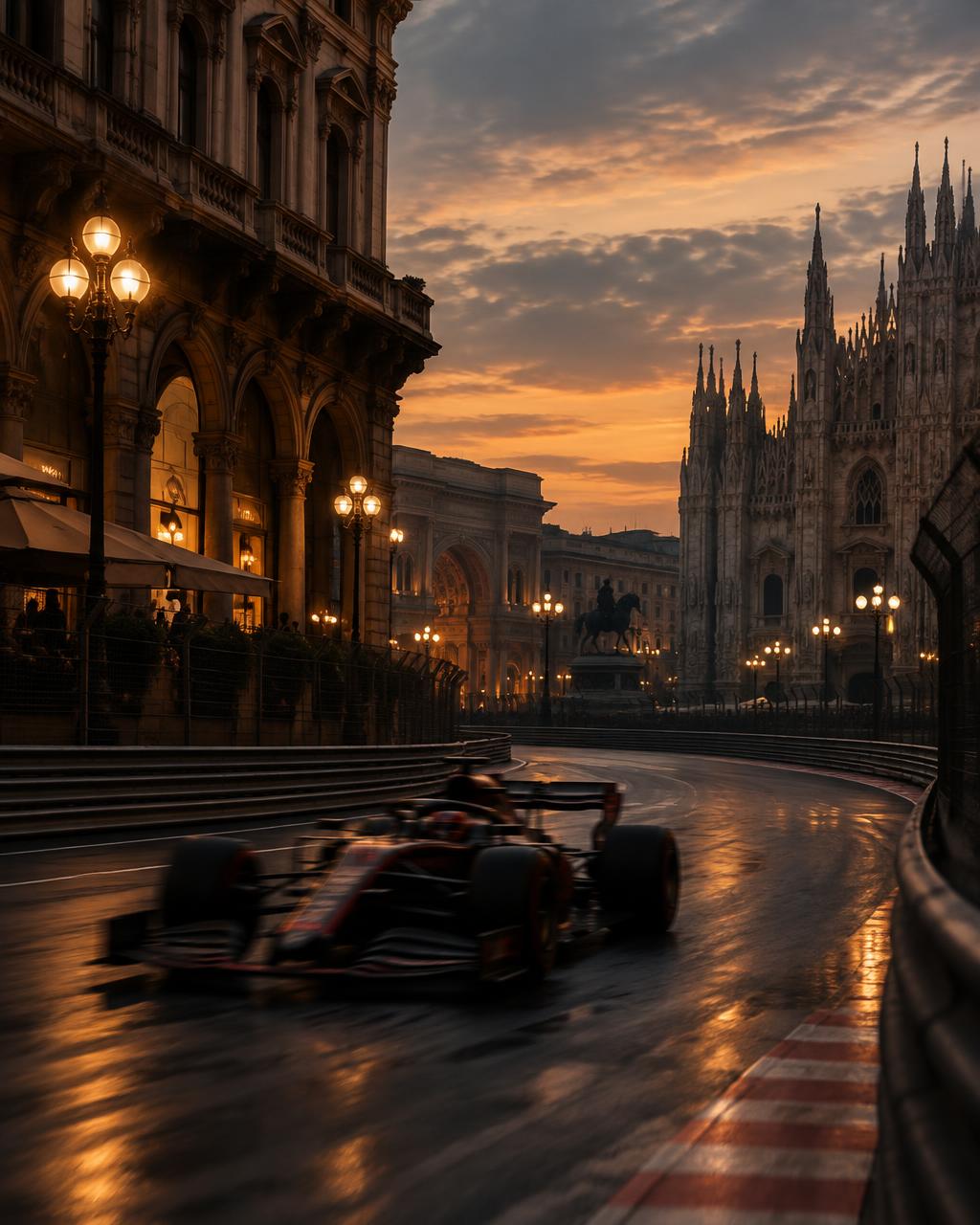 Formula 1 car on a Milan city circuit at dusk