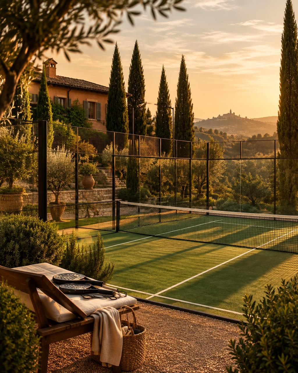 Private padel court in the garden of an Italian villa at golden hour
