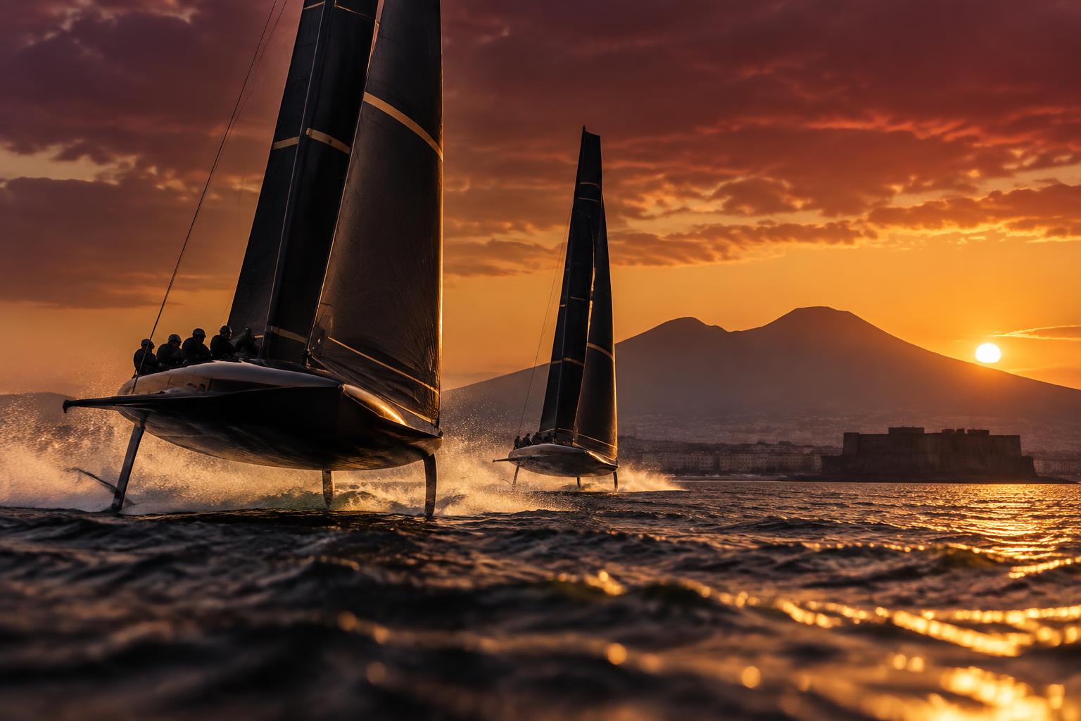 America's Cup foiling yachts racing at sunset in the Bay of Naples with Mount Vesuvius behind