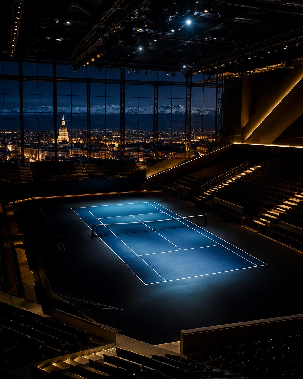 Indoor tennis arena in Turin at night, spotlight on the court